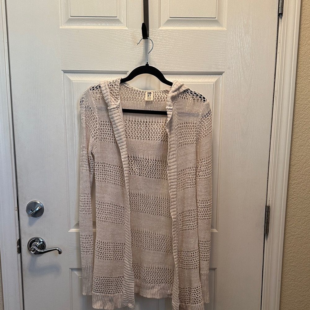 Roxy Cream Open-Knit Open Front Cardigan Size Medium Beach Coastal